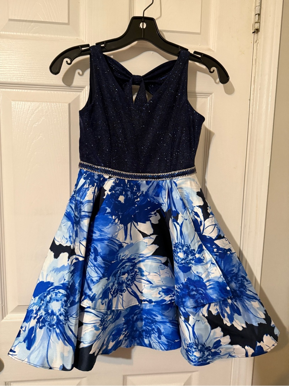 Girls Navy & Blue Floral Sparkle Party Dress with Rhinestone Waist
